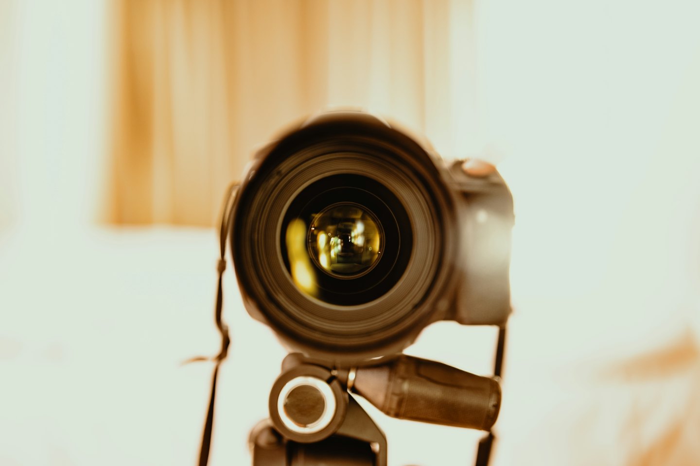 Professional camera on a tripod pointing forward.